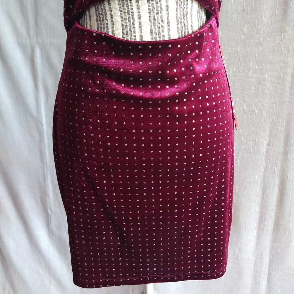 Sparkly Velvet Burgundy Gold Strappy Mini Dress Cutout Size Large - Picture 6 of 16